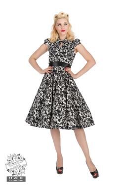 Hearts‎ & Roses Black Black Cream Rose Tea Dress Floral Retro Newsprint Swing